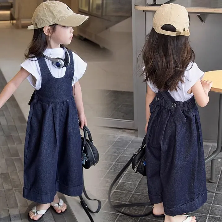 【100-150cm】可愛いデザイン 定番 森ガール レトロ 無地 Tシャッツ+デニム サロペット 子供服 女の子 夏 二点セットアップ