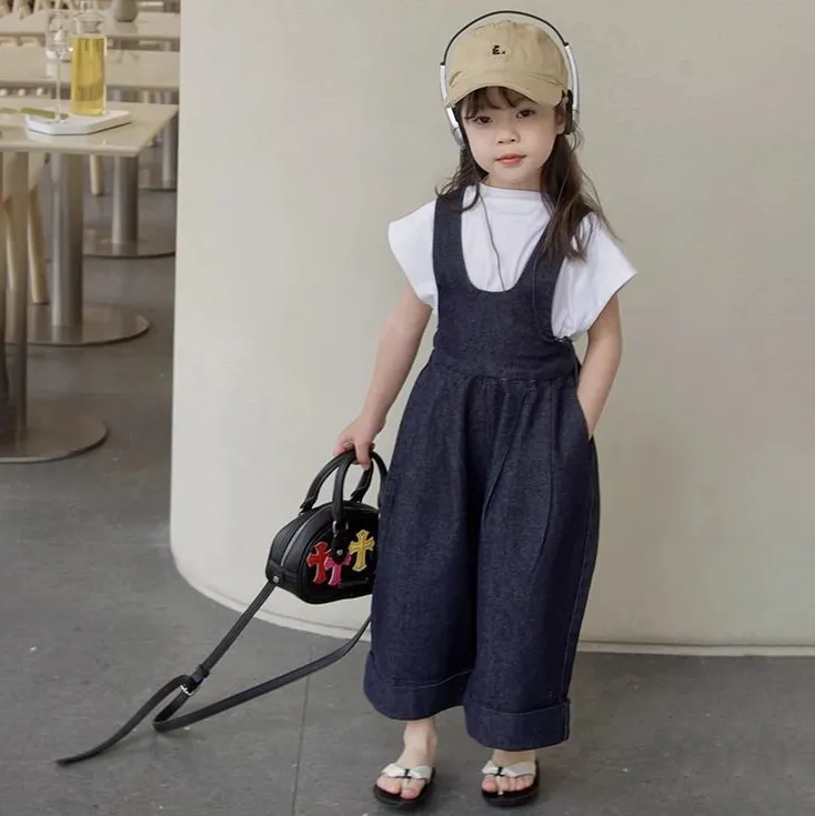 【100-150cm】可愛いデザイン 定番 森ガール レトロ 無地 Tシャッツ+デニム サロペット 子供服 女の子 夏 二点セットアップ