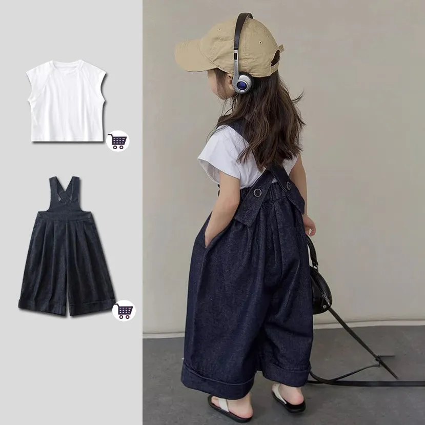 【100-150cm】可愛いデザイン 定番 森ガール レトロ 無地 Tシャッツ+デニム サロペット 子供服 女の子 夏 二点セットアップ