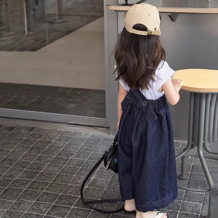 【100-150cm】可愛いデザイン 定番 森ガール レトロ 無地 Tシャッツ+デニム サロペット 子供服 女の子 夏 二点セットアップ