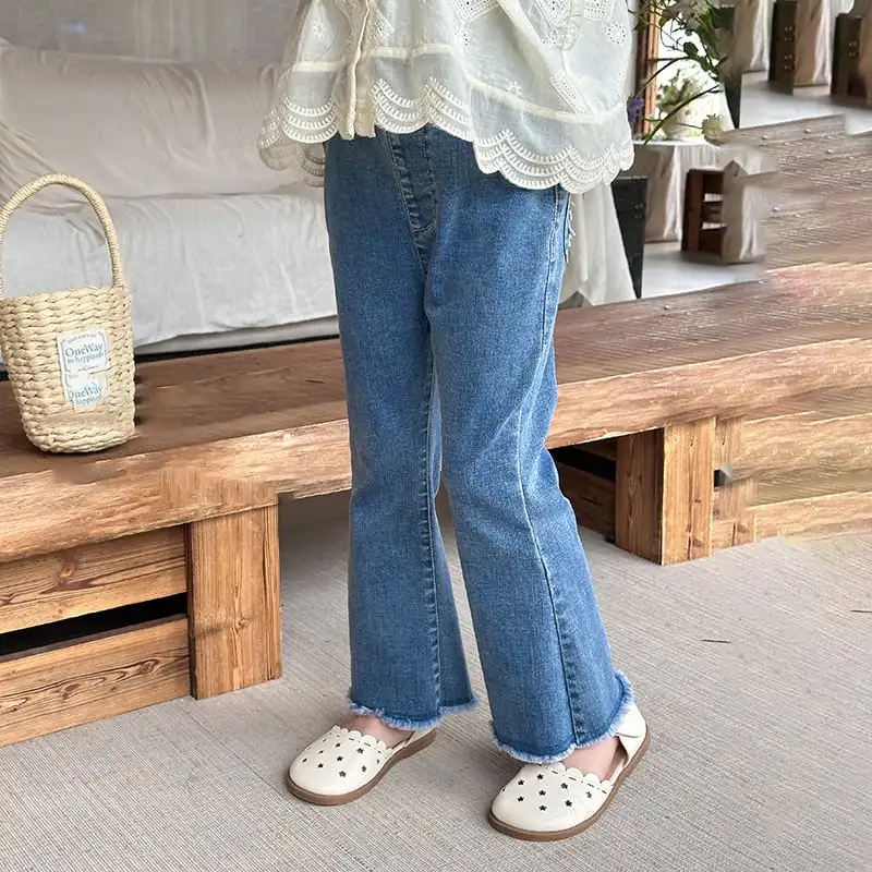 【90-160cm】裾フリンジデニムフレアパンツ