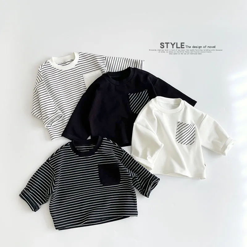 【80-130cm】抜群なデザイン!!!  鮮度高めのストライプ!  ボーダー柄 ポケット付き 春秋 長袖Tシャツ