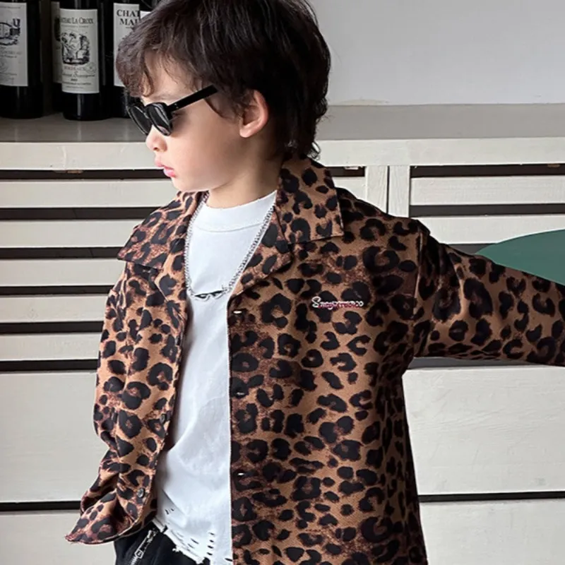 【90-150cm】おしゃれ 春秋  カジュアル 子供服 長袖 豹柄 シャツ トップ アウター