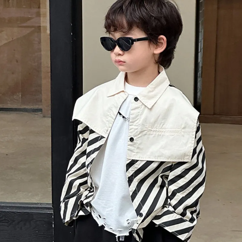 【90-150cm】超カッコイイ 春秋 こども  ストライプ+ホワイト 男の子 長袖 アウター