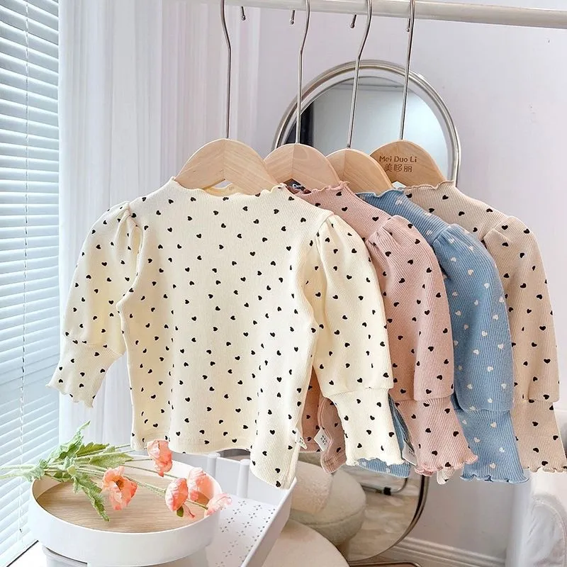 【80-140cm】韓国系 女の子 ハート柄 パフスリーブ 着心地良い 合わせやすい 长袖 Tシャツ