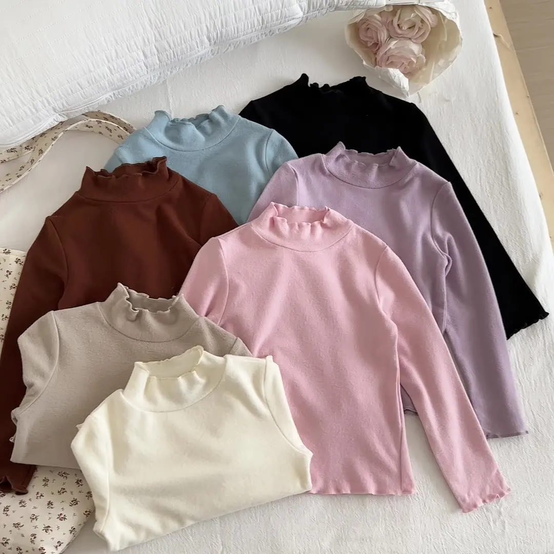 【90-150cm】超可愛い！シンプル 着心地良い フリル衿 無地 女の子 長袖 Ｔシャツ