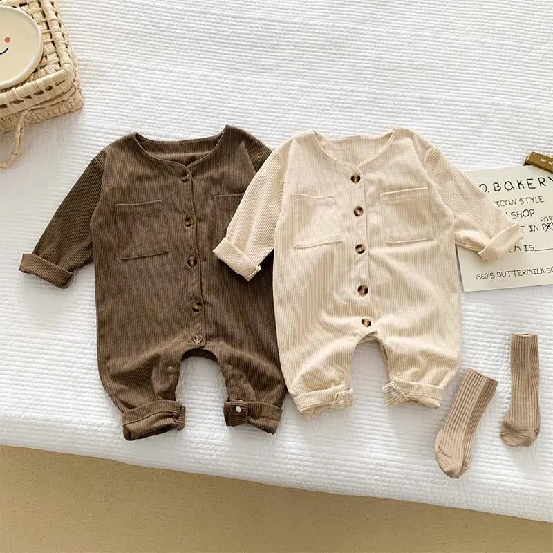 【66-90cm】秋新作 2色 ボタン ストライプ 純色 ロンパース