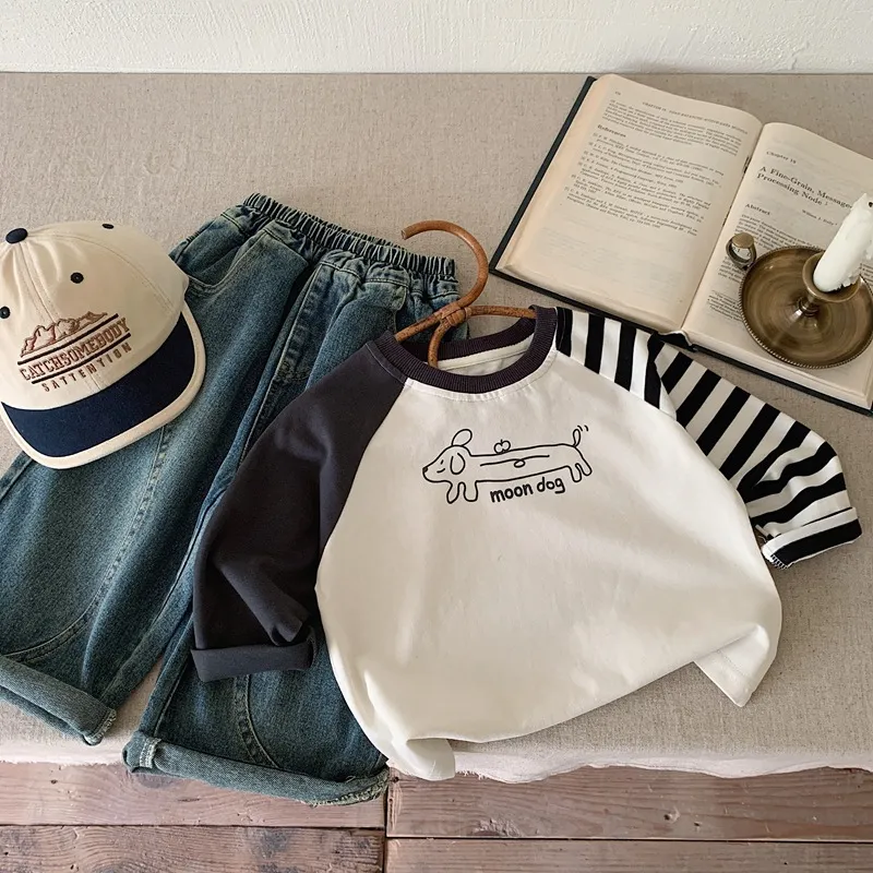 【80-130cm】カートゥーンプリント ボーダー 着やすい 男の子 長袖 ラウンドネック Ｔシャツ