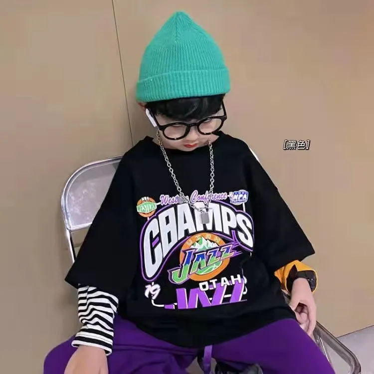 【110-170cm】超人気商品！カジュアル おしゃれ アルファベット ボーダー柄 切り替え 男の子 長袖 Ｔシャツ