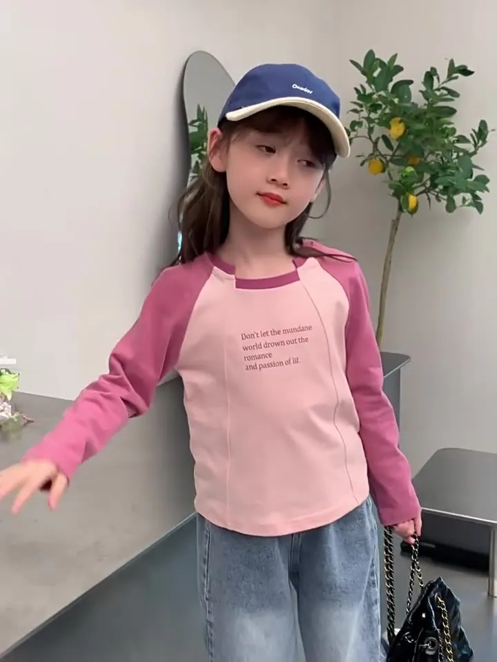 【90-140cm】超人気!可愛い 合わせやすい 定番 スウィート 切り替え 女の子 長袖 Tシャツ