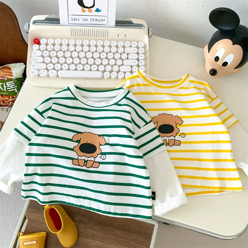 【80-130cm】特別なデザイン！シンプル 清新 合わせやすい  ボーダー柄 カートゥーン 男女限らず 長袖 Ｔシャツ