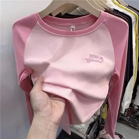 【110-160cm】シンプル 清新 着やすい  切り替え 配色 アルファベット  女の子 長袖 Ｔシャツ