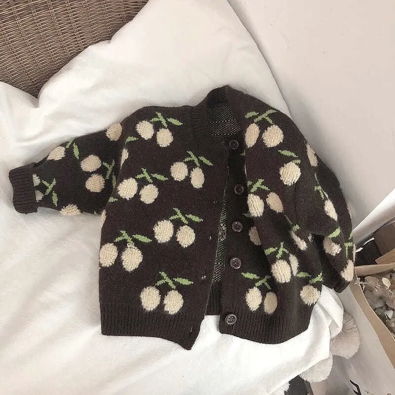 【90-150cm】スウィート ガーリッシュ  おしゃれ サクランボ柄 女の子 カーディガン