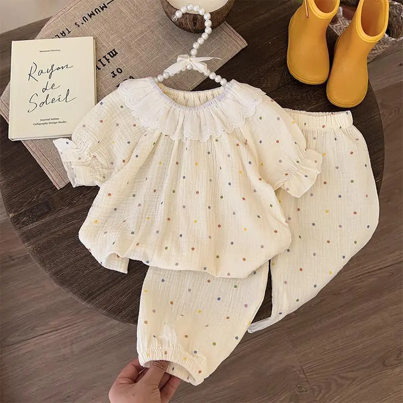 【80-130cm】 大人気 可愛い  清新 スウィート ガーリッシュ 水玉 花柄 女の子 パジャマ