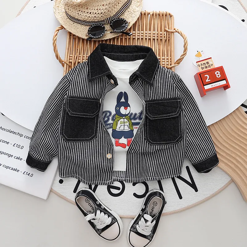 【80-120cm】二点セット カジュアル 着心地良い 男の子 デニムアウター+長袖 Tシャツ セットアップ