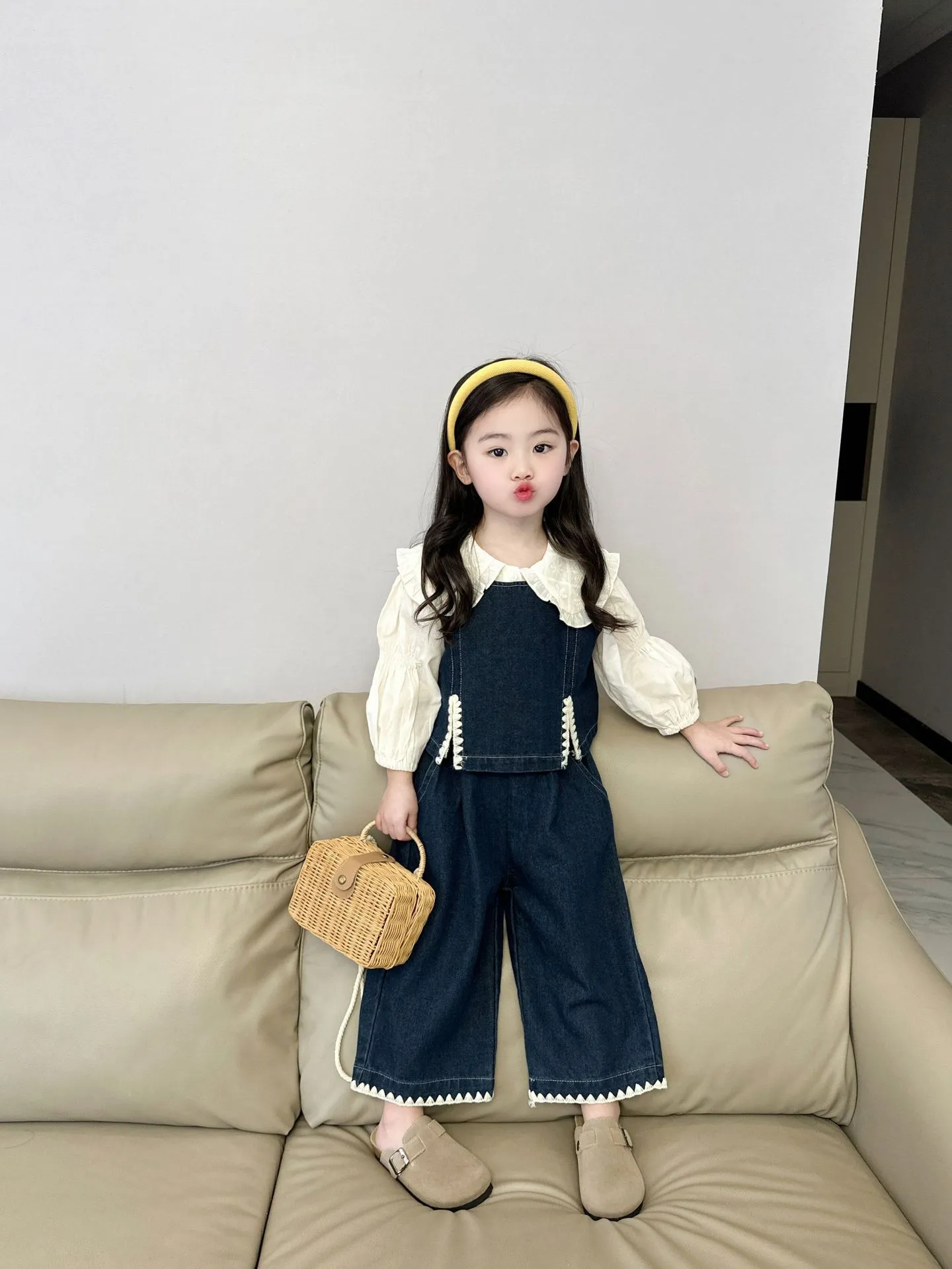 【90-140cm】おしゃれ 可愛い セットアップ キッズ 3点セット長袖シャツ+デニム上下セット