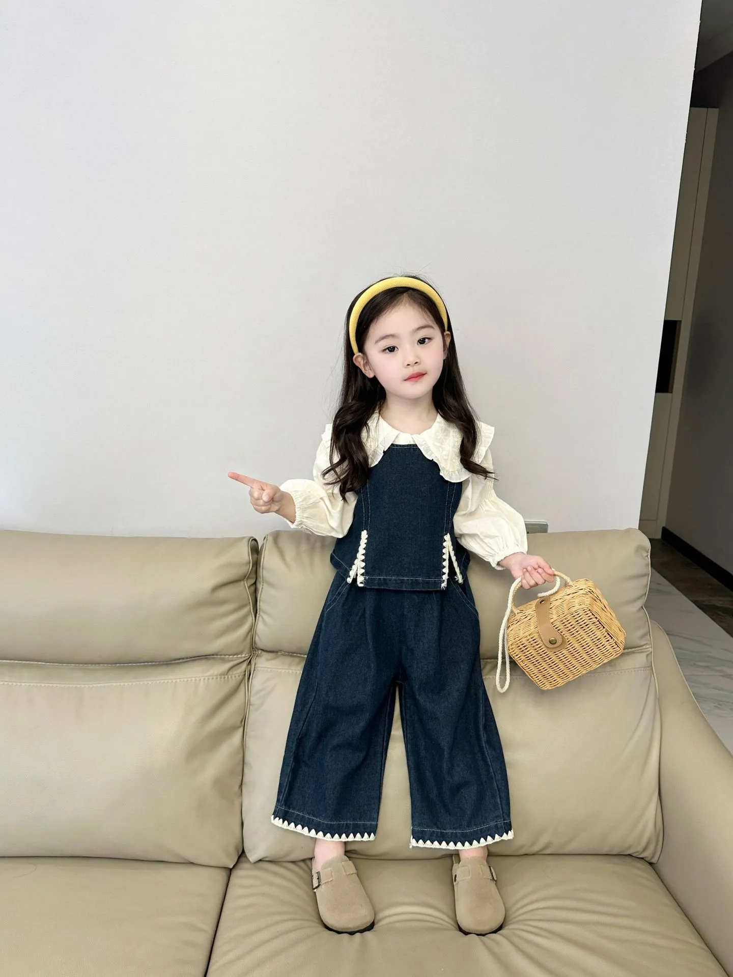 【90-140cm】おしゃれ 可愛い セットアップ キッズ 3点セット長袖シャツ+デニム上下セット