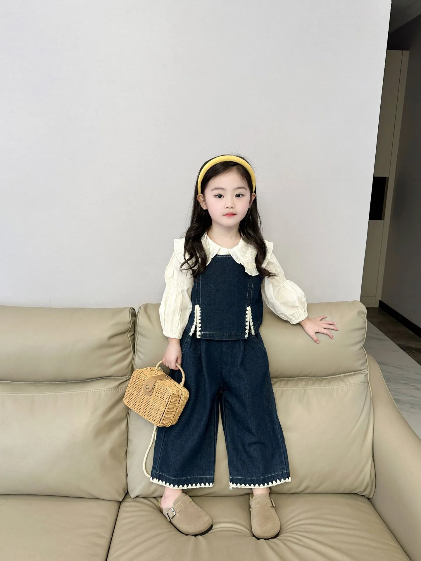 【90-140cm】おしゃれ 可愛い セットアップ キッズ 3点セット長袖シャツ+デニム上下セット