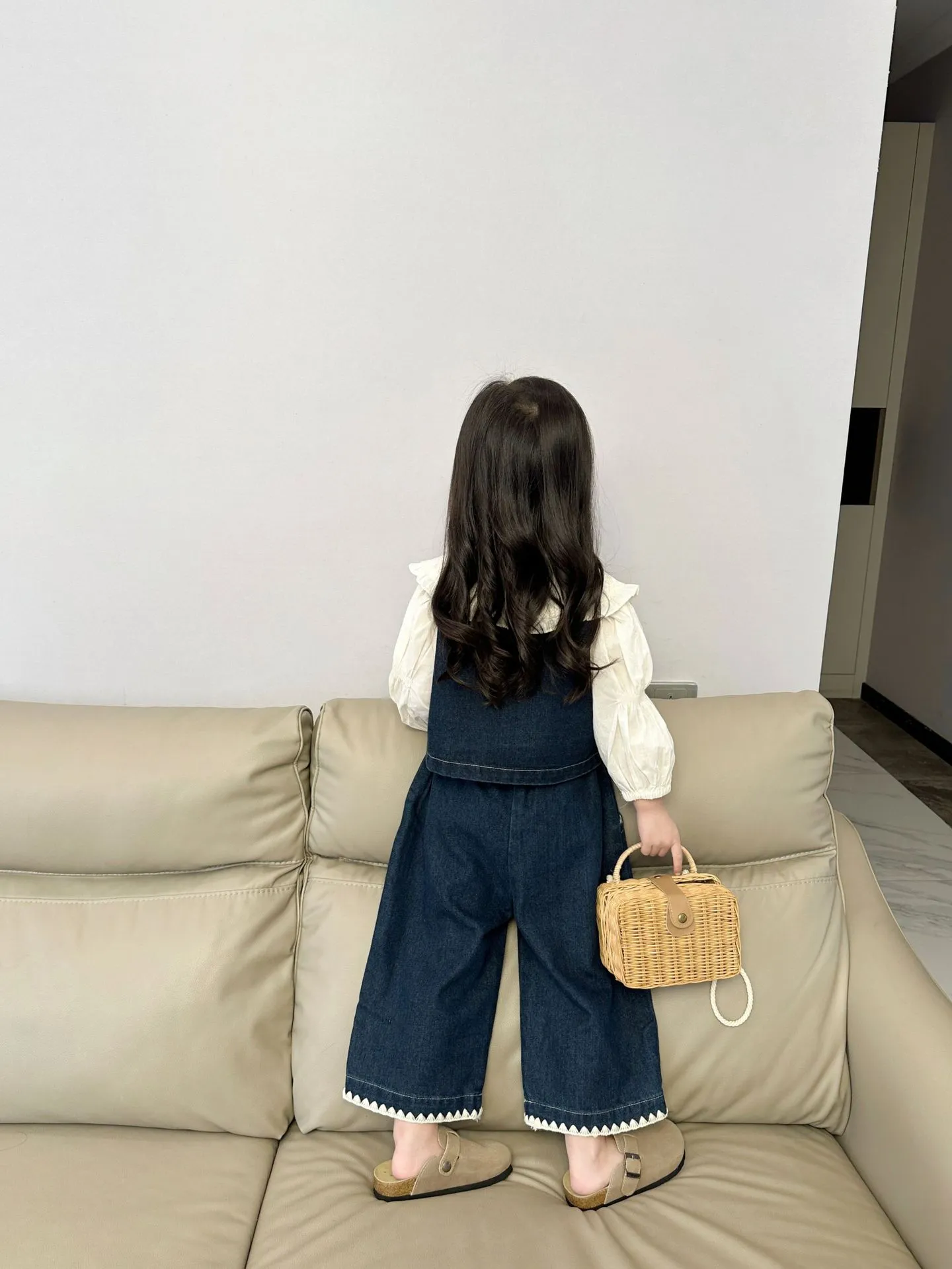 【90-140cm】おしゃれ 可愛い セットアップ キッズ 3点セット長袖シャツ+デニム上下セット