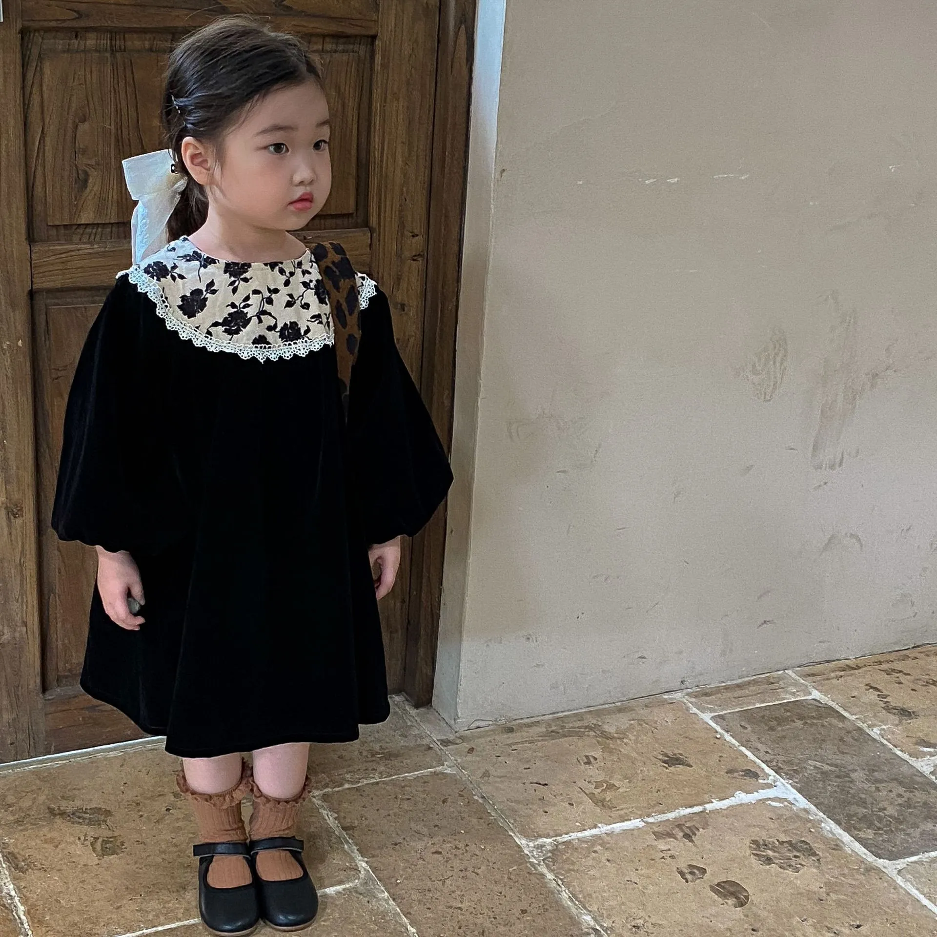 【90-130cm】ボヘミアン風がわかわいいベルベットワンピース 子供服 女の子 長袖ワンピース