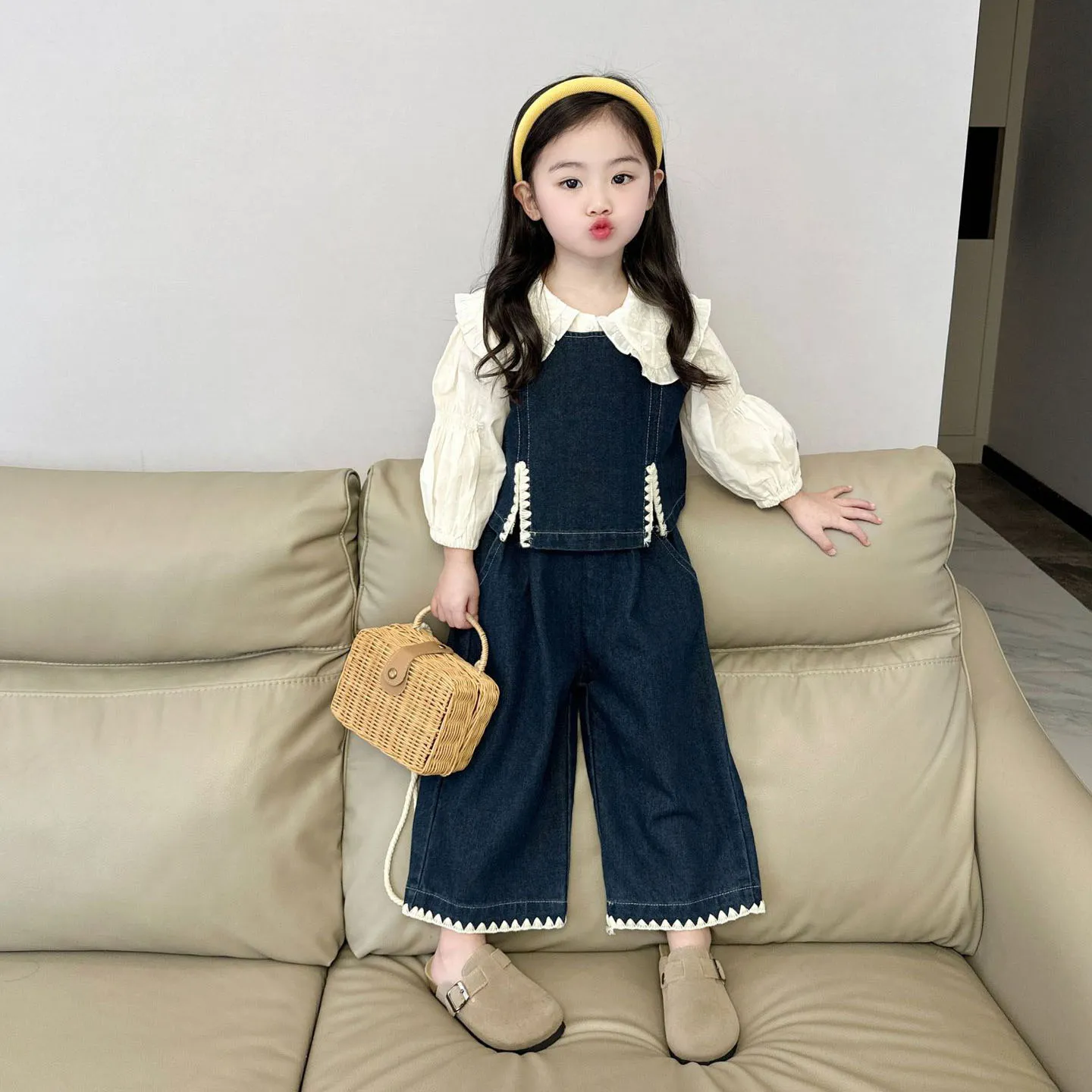 【90-140cm】おしゃれ 可愛い セットアップ キッズ 3点セット長袖シャツ+デニム上下セット