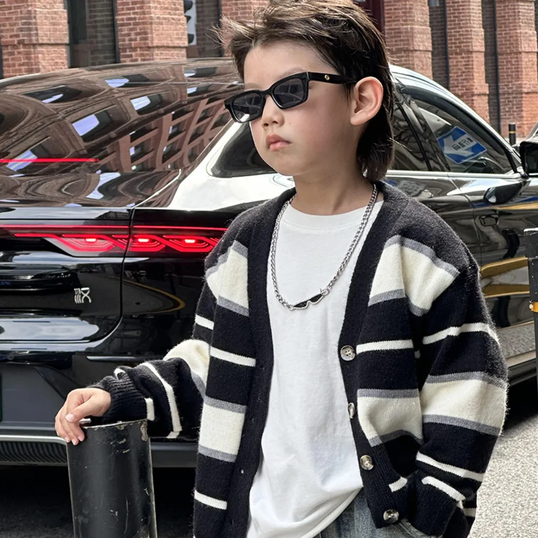 【90-140cm】 お出かけ ニットカーディガン 子ども 男の子 前開き ボタン Vネック セーター長袖 ストライプ シンプル