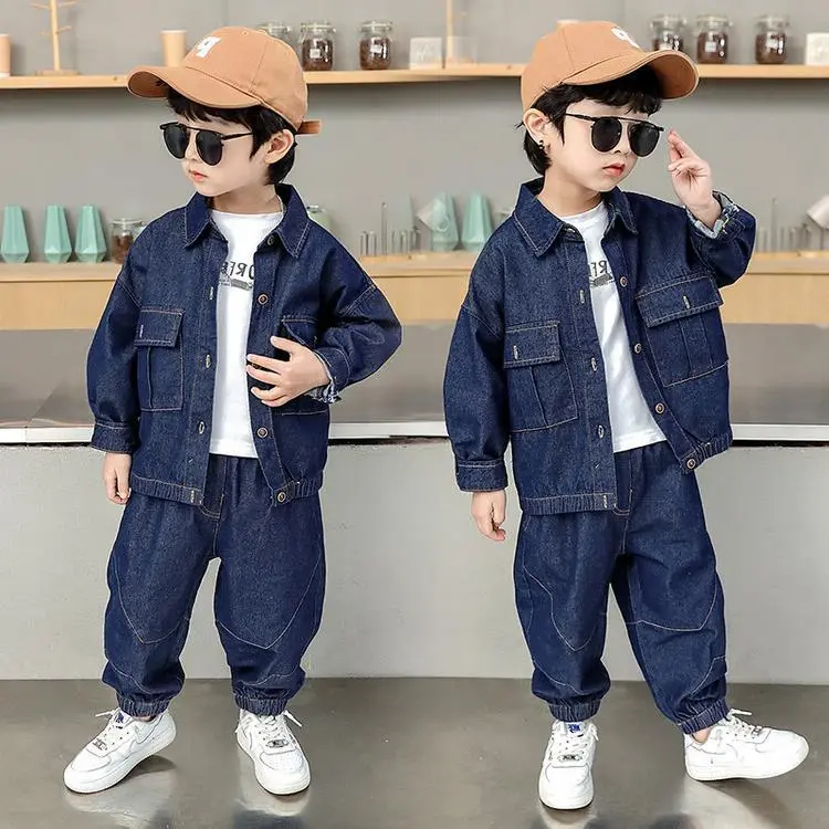 【90-150cm】二点セット 超人気商品   定番  カジュアル  ファッション  男の子  デニム アウター+パンツ=セットアップ