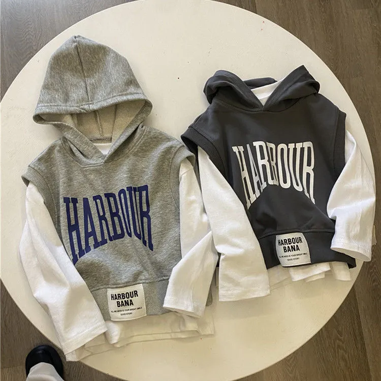 【80-130cm】合わせやすい 重ね着風 プルパーカー フード トップス 子供服