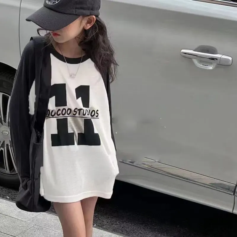 【100-160cm】絶対ほしい  合わせやすい カジュアル シンプル きれいめ 配色 女の子 長袖 Tシャツ