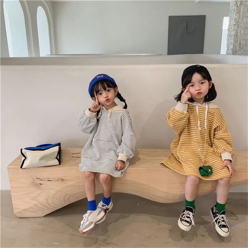 【90-130cm】絶対流行  秋新作  ファッション  カジュアル  ボーダー柄  フード付き  女の子 長袖 ワンピース