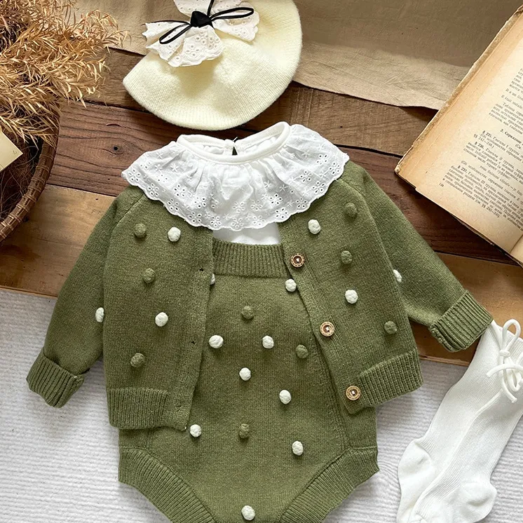 【単品注文】【66-100cm】上品な可愛さ 女の子 シンプル 長袖 ニット レース ベビー服 セットアップ