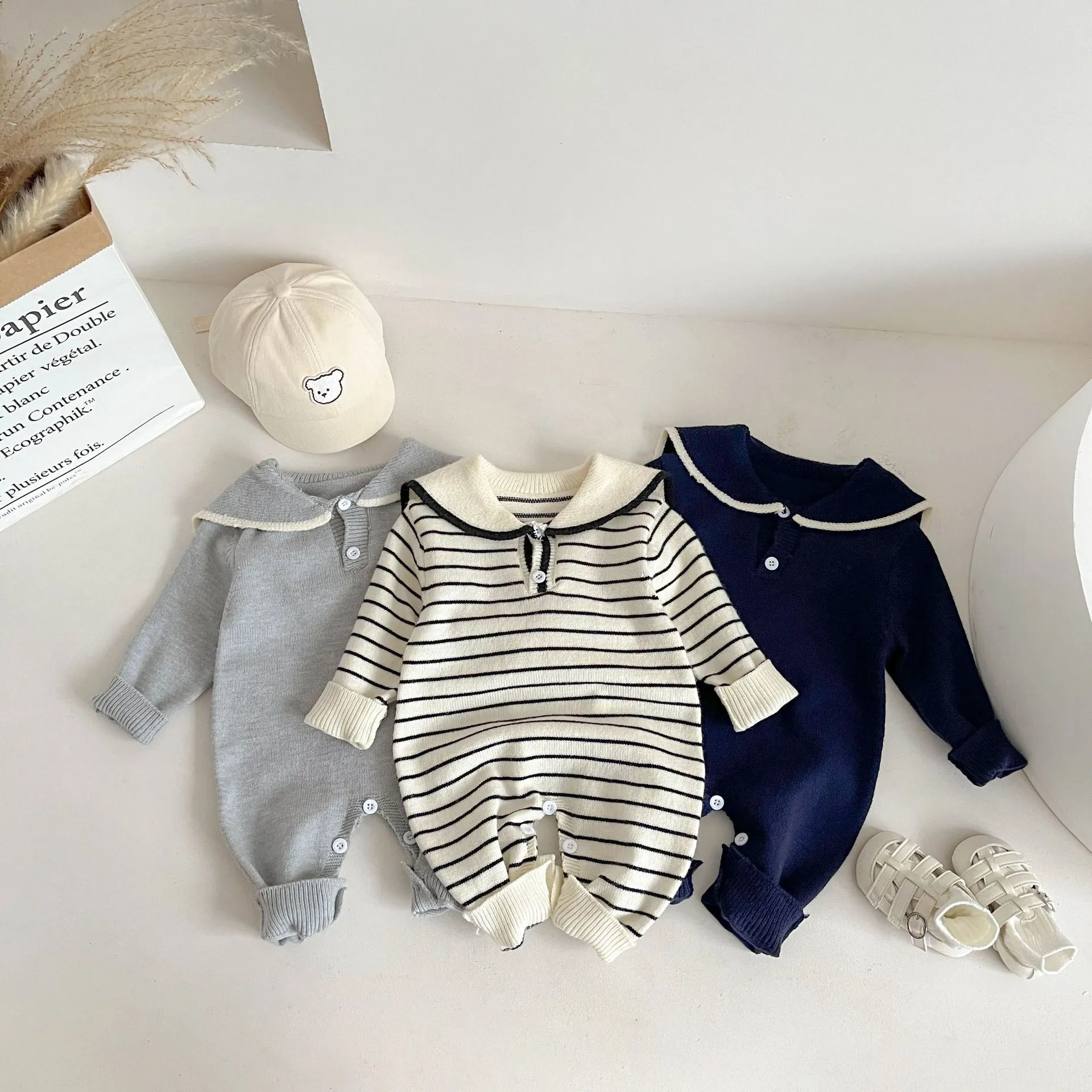 【66-100cm】三色選べ 新登場 人気上昇中 セーラー服 柔らかい ニット 長袖 ベビー服 赤ちゃん ロンパース
