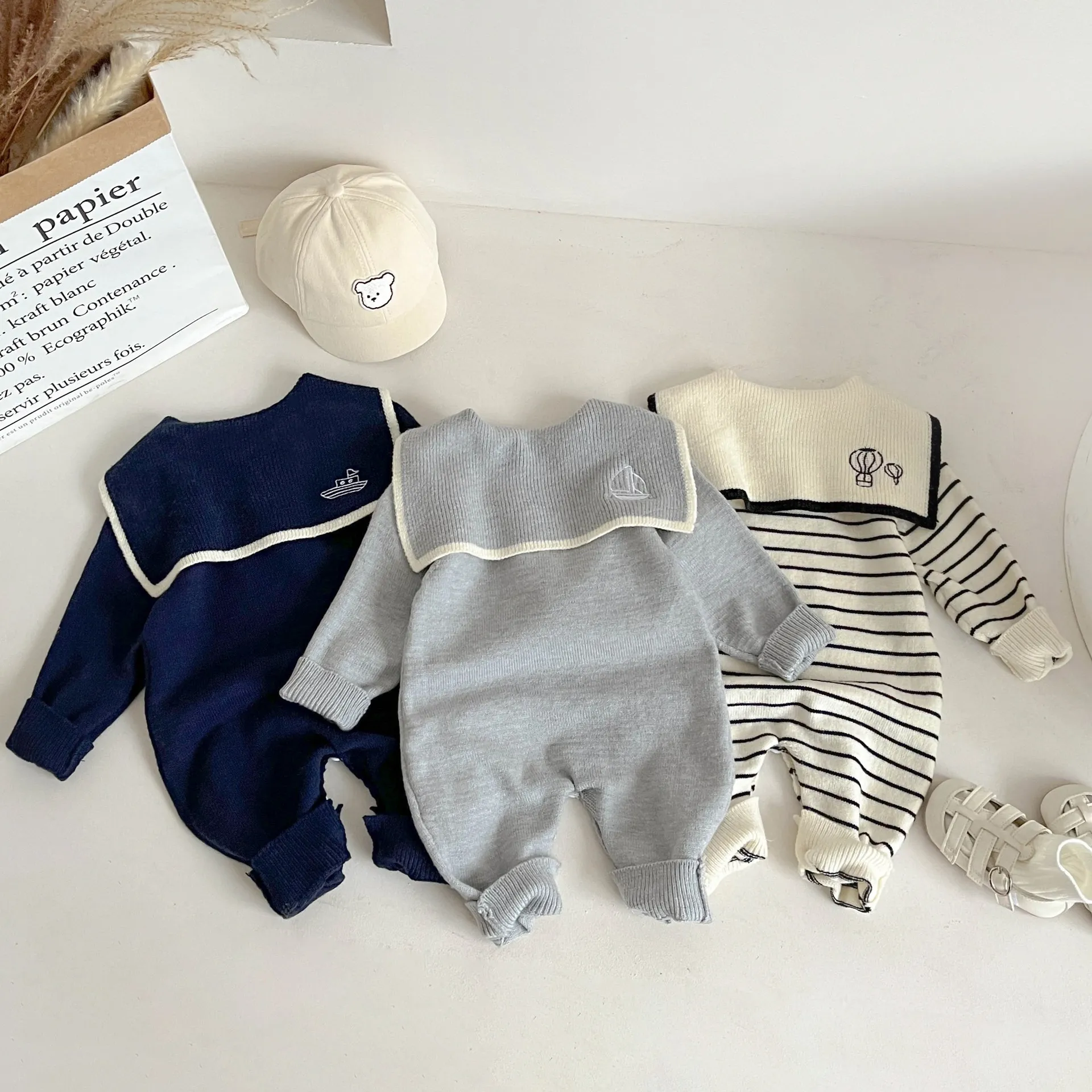 【66-100cm】三色選べ 新登場 人気上昇中 セーラー服 柔らかい ニット 長袖 ベビー服 赤ちゃん ロンパース