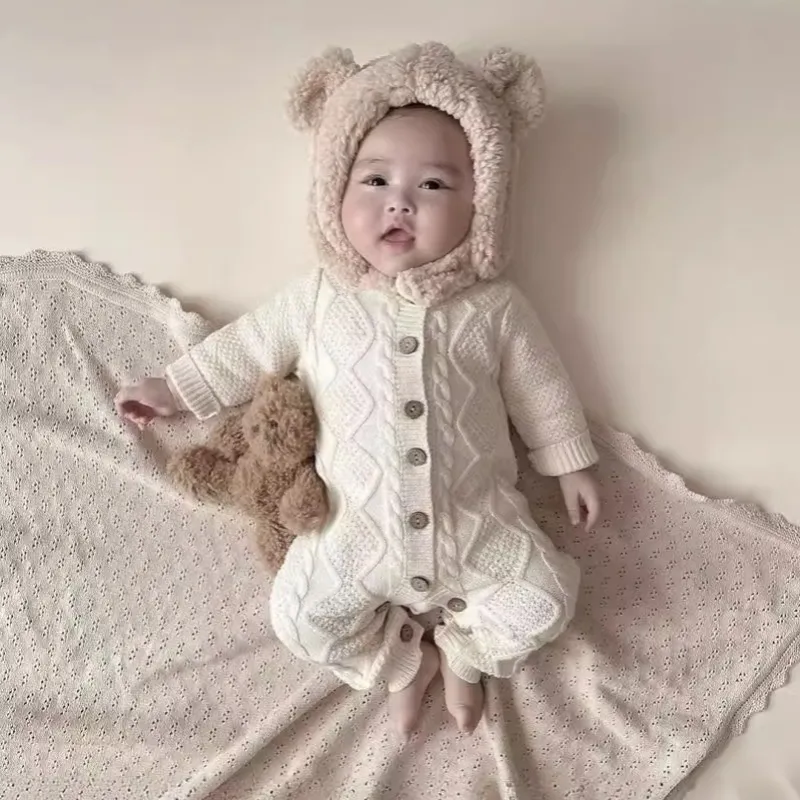 【66-90cm】二色選べ 韓国風ファッション しっかりニット 無地 長袖 ベビー服 赤ちゃん ロンパース