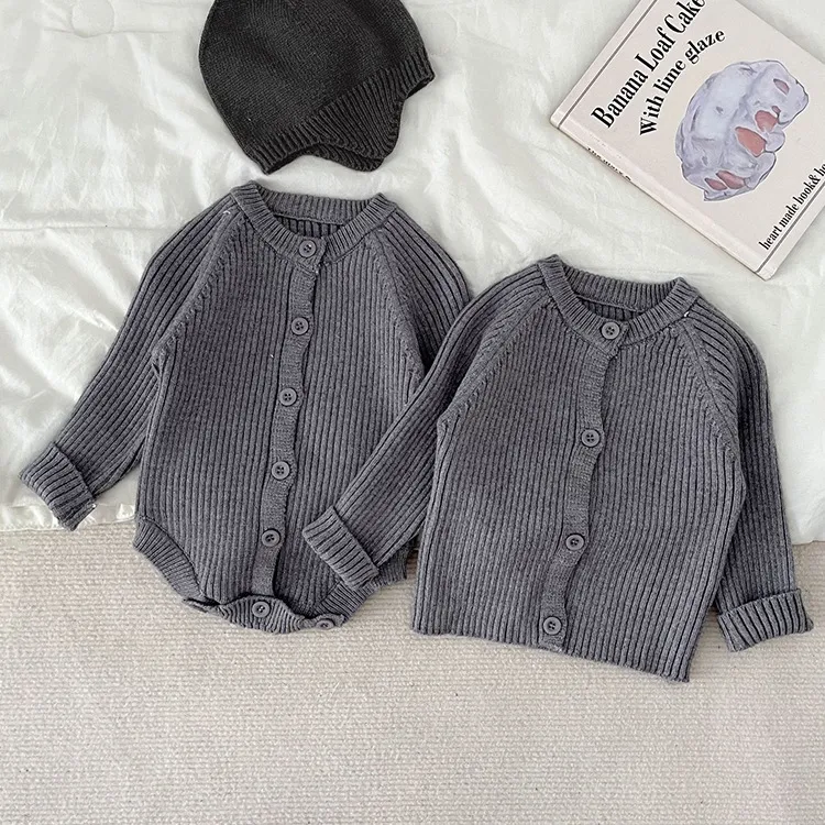 【単品注文】【66-90cm】定番シンプル 無地 ニット オールマッチ 見逃し厳禁 ベビーロンパース2点セット