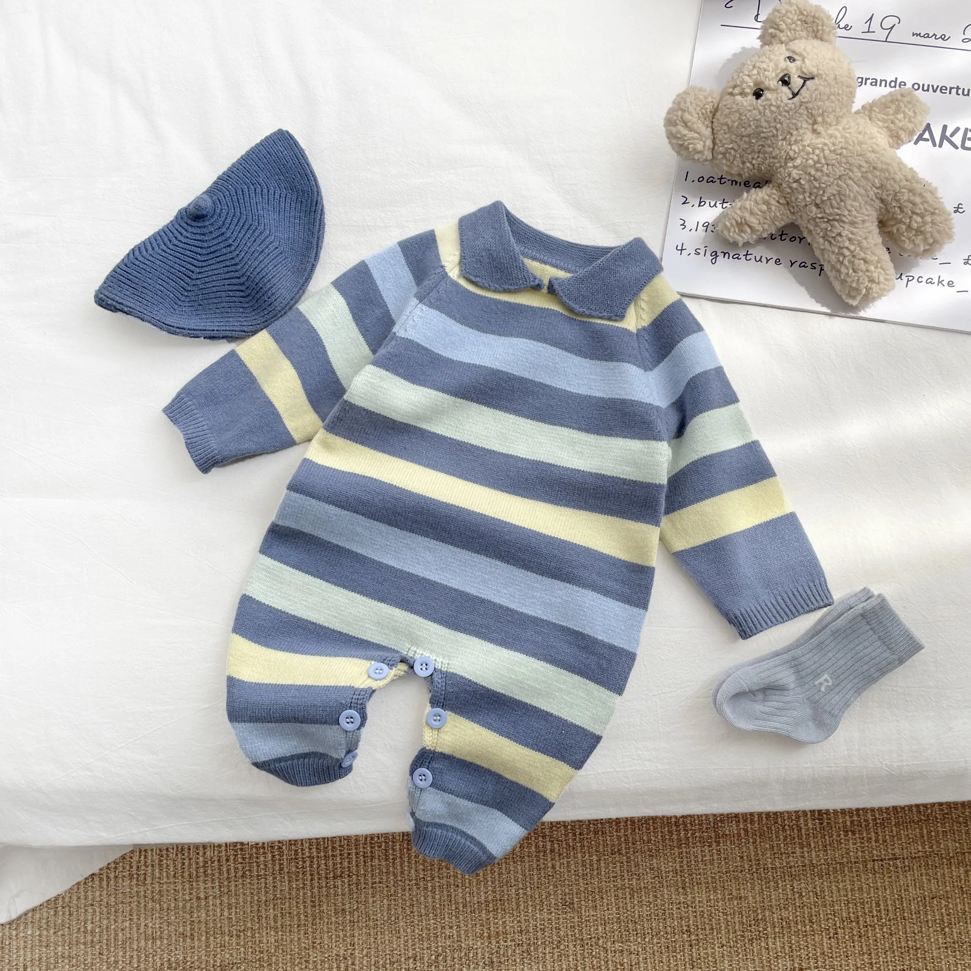 【66-100cm】品質のいい新品 人気上昇中 肌触りよく 配色 ボーダー ニット 長袖 ベビー服 赤ちゃん ロンパース
