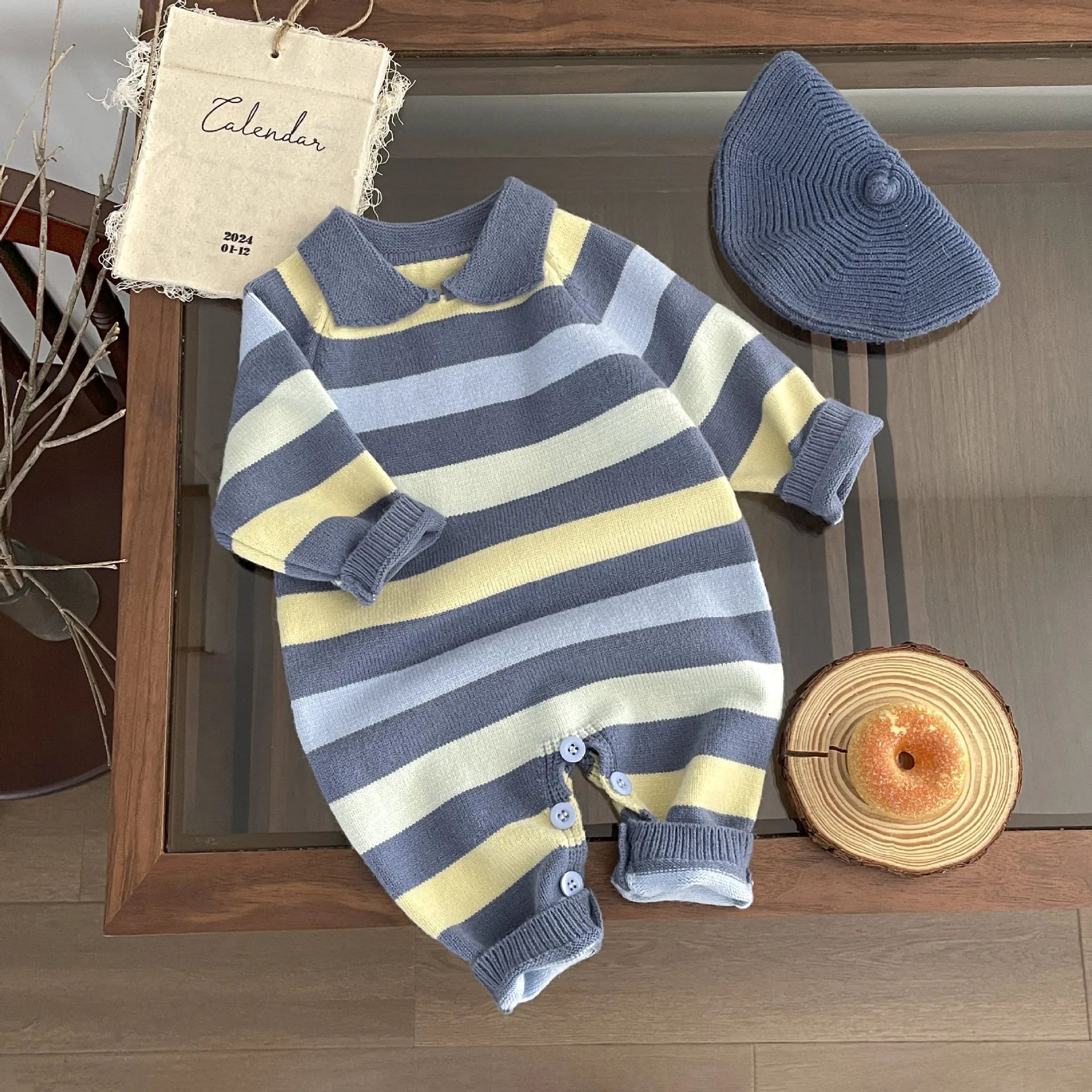 【66-100cm】品質のいい新品 人気上昇中 肌触りよく 配色 ボーダー ニット 長袖 ベビー服 赤ちゃん ロンパース