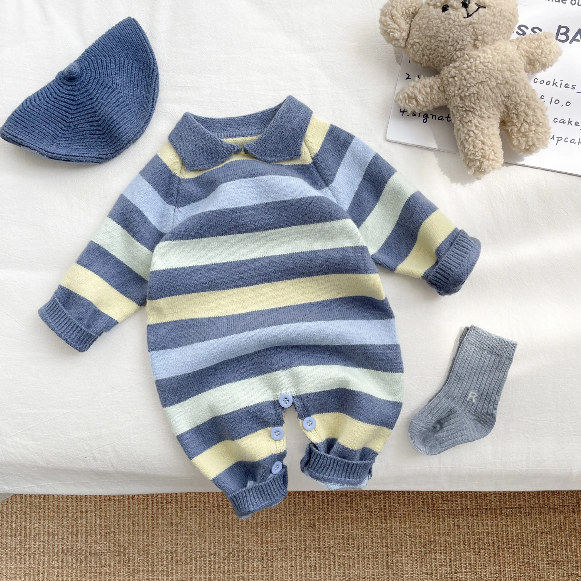 【66-100cm】品質のいい新品 人気上昇中 肌触りよく 配色 ボーダー ニット 長袖 ベビー服 赤ちゃん ロンパース