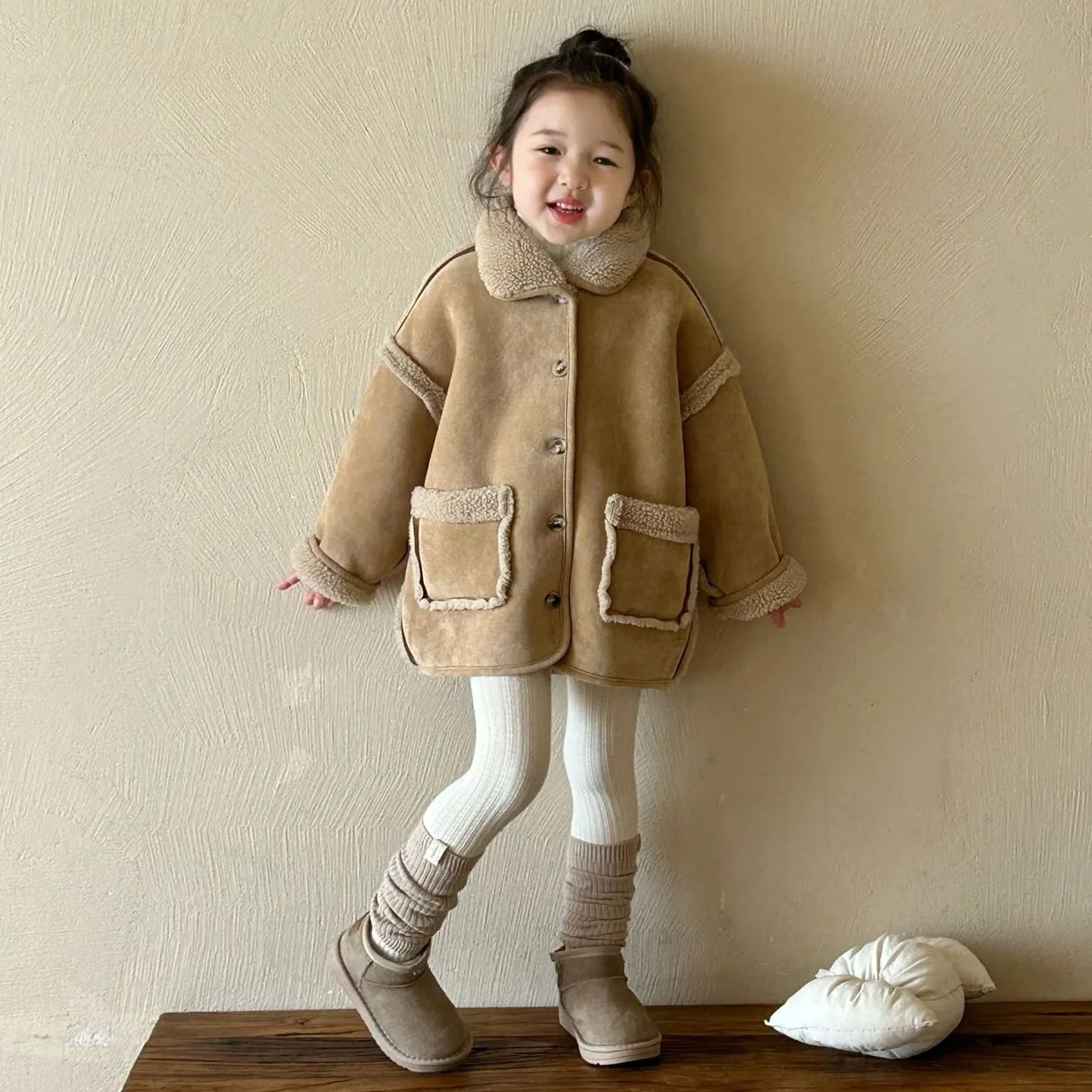 単品注文【90-140cm】今季大注目 レトロ スウィート 韓国系 無地 ニット セーター＋切り替え 暖かい アウター 子供服 女の子 二点セット