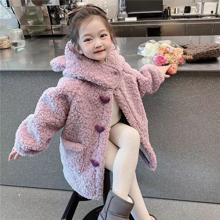 【90-140cm】2色展開 早い者勝ち 絶対可愛い 韓国系 無地 ボタン ふわふわ 子供服 女の子 秋冬 アウター