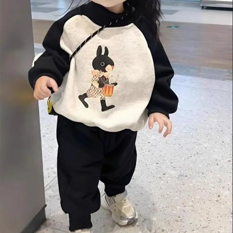 【80-140cm】セットでお得 新品殺到 超人気 配色 カートゥーン 切り替え 長袖 女の子 セットアップ