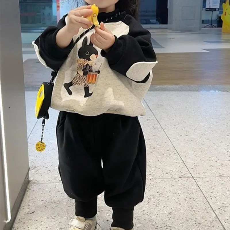 【80-140cm】セットでお得 新品殺到 超人気 配色 カートゥーン 切り替え 長袖 女の子 セットアップ
