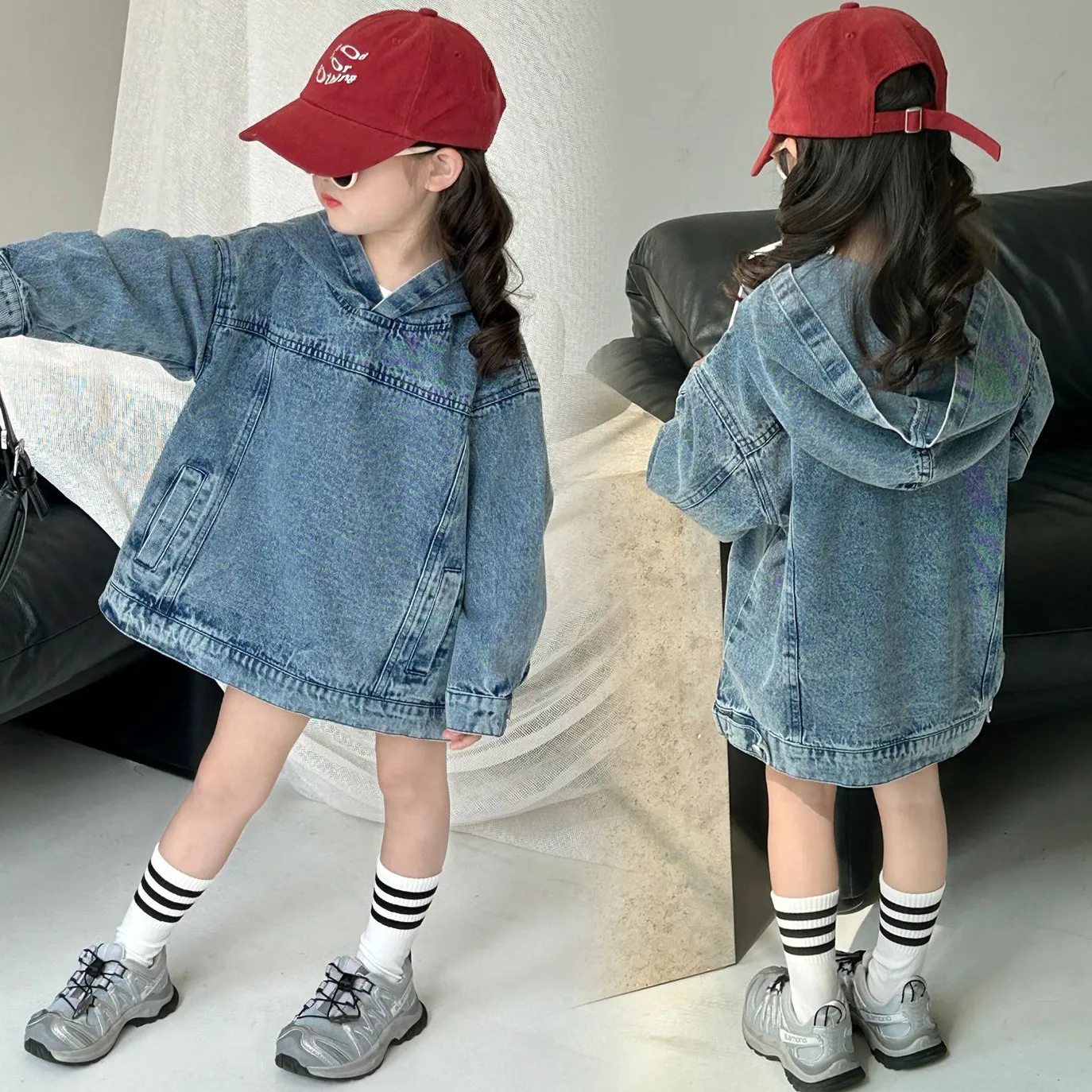 【90-140cm】可愛くて繊細な レトロ スウィート 無地 フード付き 子供服 春秋 女の子 デニム パーカー アウター