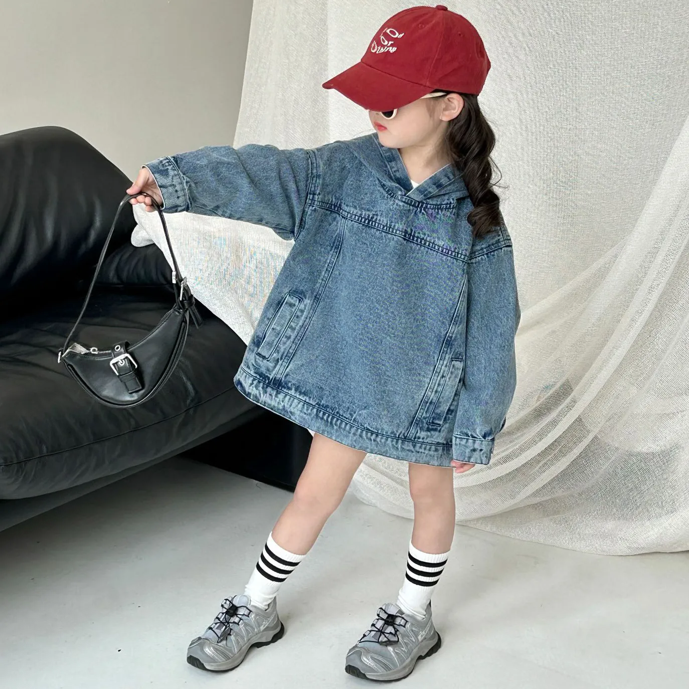 【90-140cm】可愛くて繊細な レトロ スウィート 無地 フード付き 子供服 春秋 女の子 デニム パーカー アウター