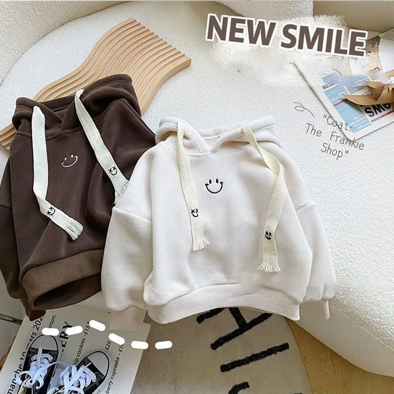 【80-130cm】二色選べ 秋冬新作 カジュアル フード付き スマイル 刺繍 長袖 裏起毛 厚手 男の子 女の子 パーカー トップス