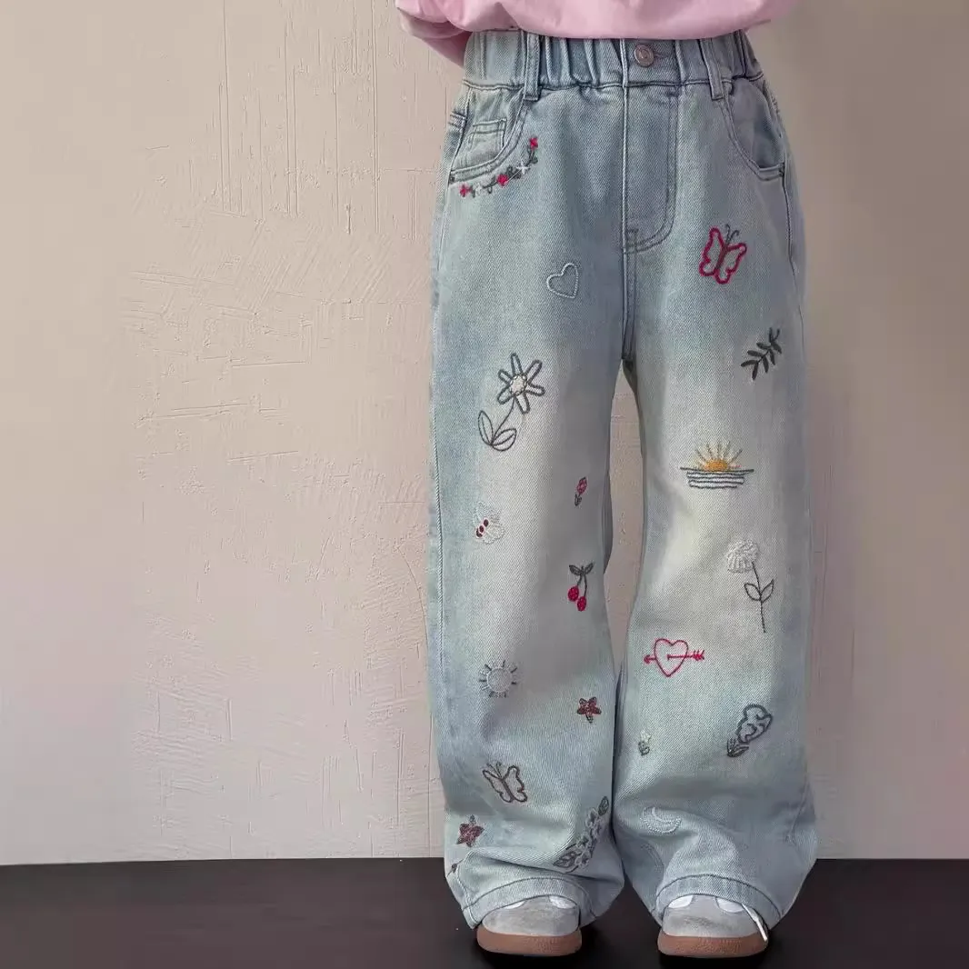 【80-140cm】新登場 SNSで話題沸騰 着回し力抜群 デニム 刺繍 女の子 ボトムス