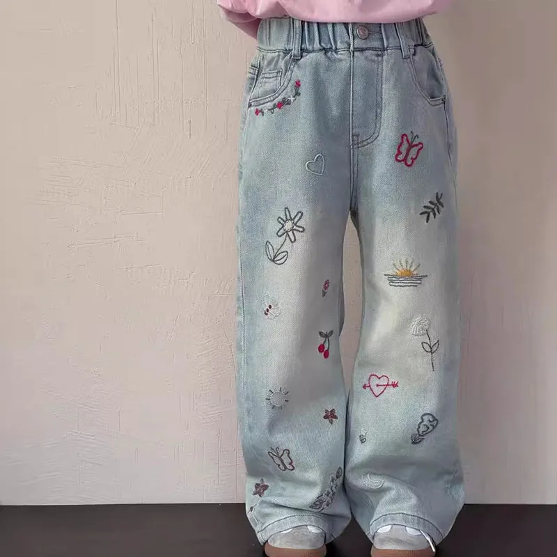 【80-140cm】新登場 SNSで話題沸騰 着回し力抜群 デニム 刺繍 女の子 ボトムス