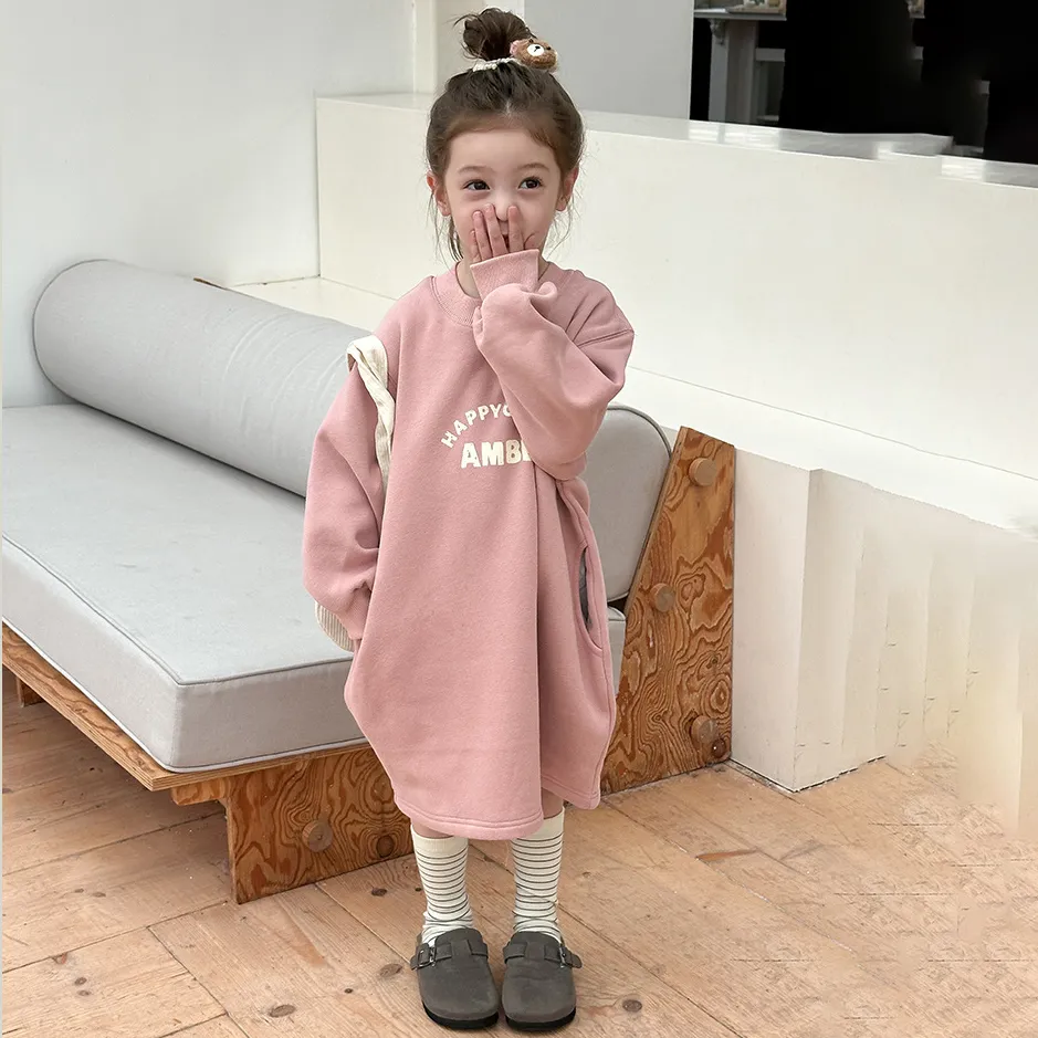 【90-160cm】3色選べる 可愛くて繊細な 韓国系 スウィート キュート 無地 アルファベット 子供服 女の子 秋冬 パーカー ワンピース