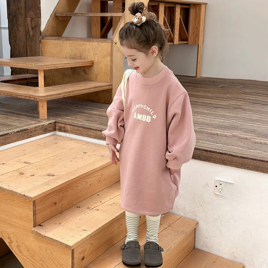 【90-160cm】3色選べる 可愛くて繊細な 韓国系 スウィート キュート 無地 アルファベット 子供服 女の子 秋冬 パーカー ワンピース