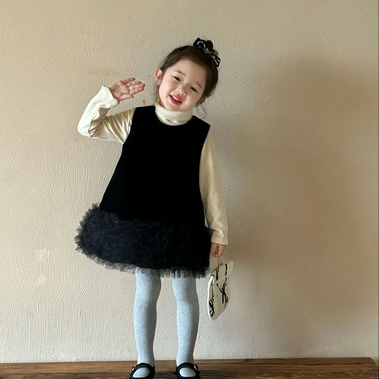 【単品注文】【90-140cm】特別デザイン 無地 キュート 秋冬 ハイネック 女の子 セットアップ